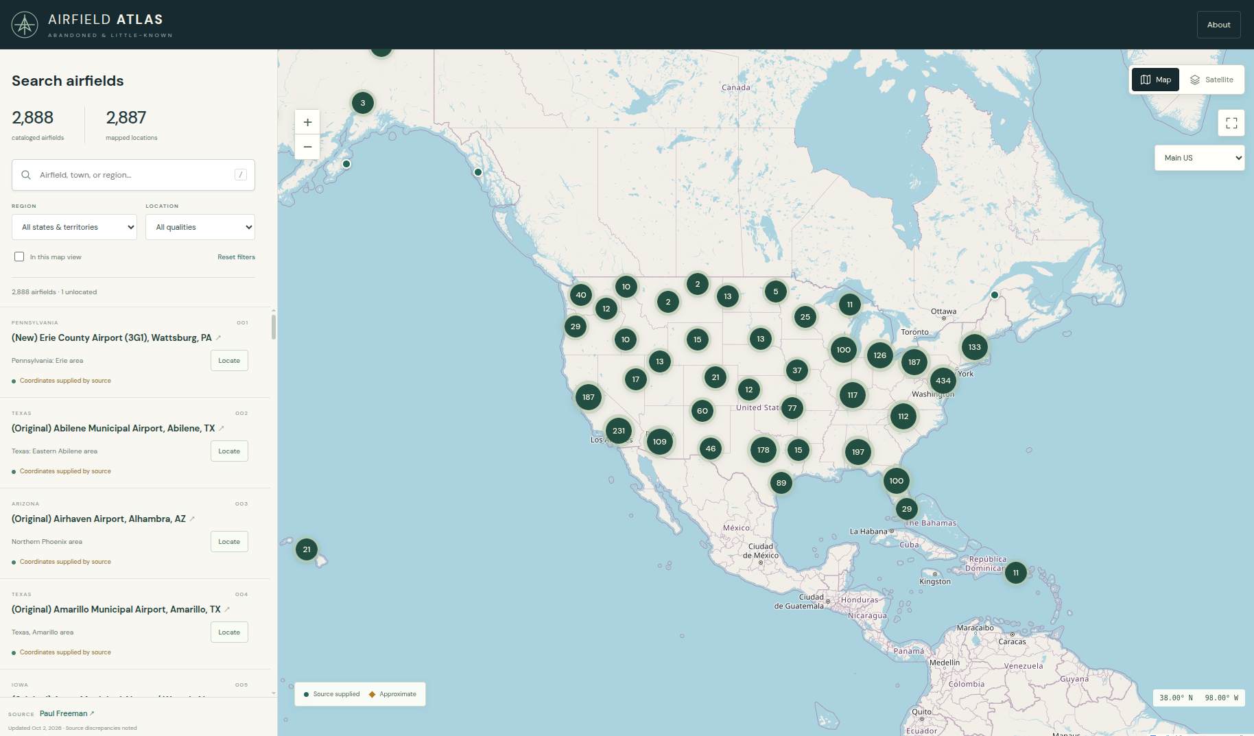 Abandoned Airfield Atlas with its searchable airfield catalog and clustered locations across the United States.