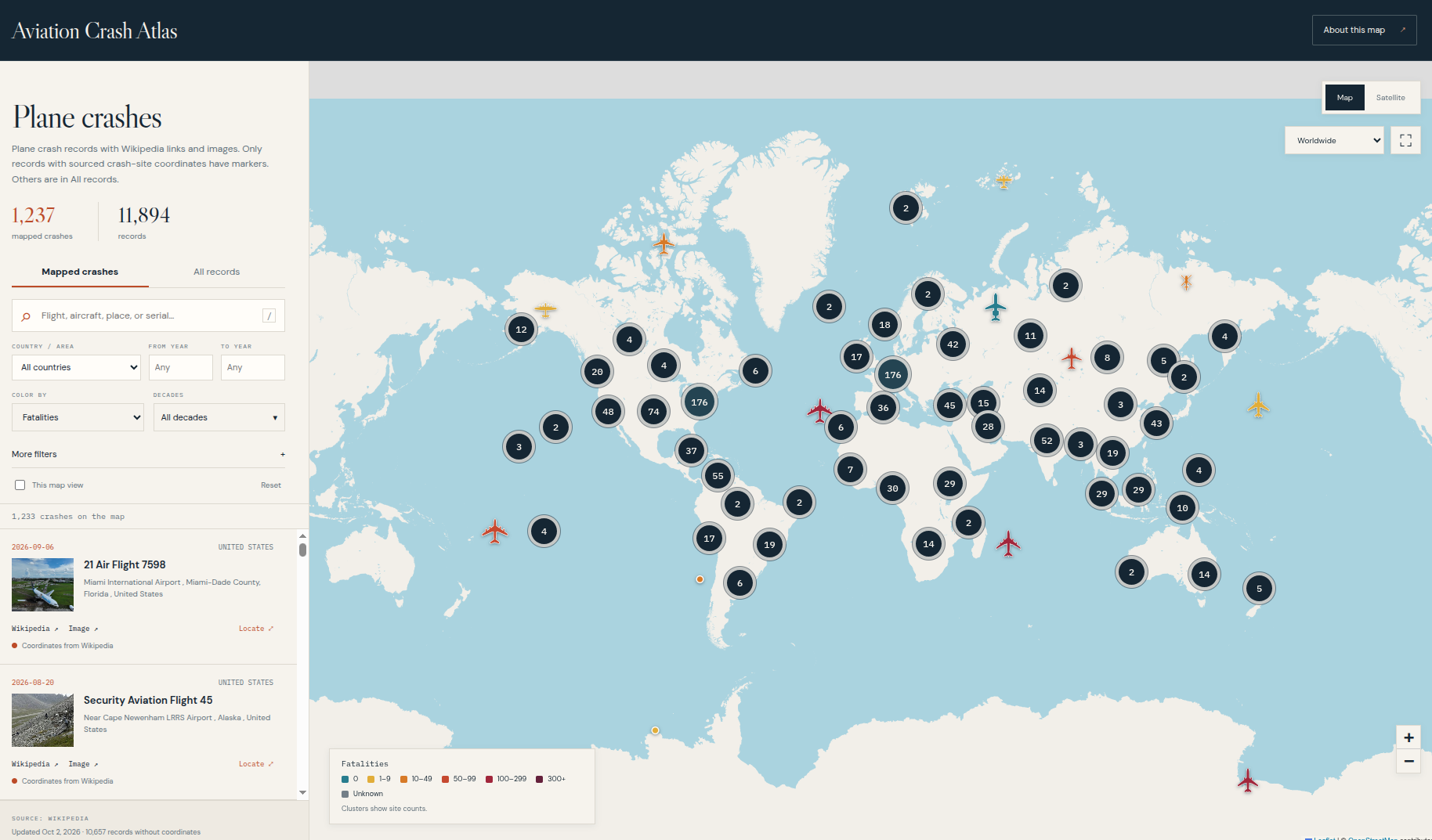 Aviation Crash Atlas showing the worldwide crash map, aircraft markers, and search and date filters.
