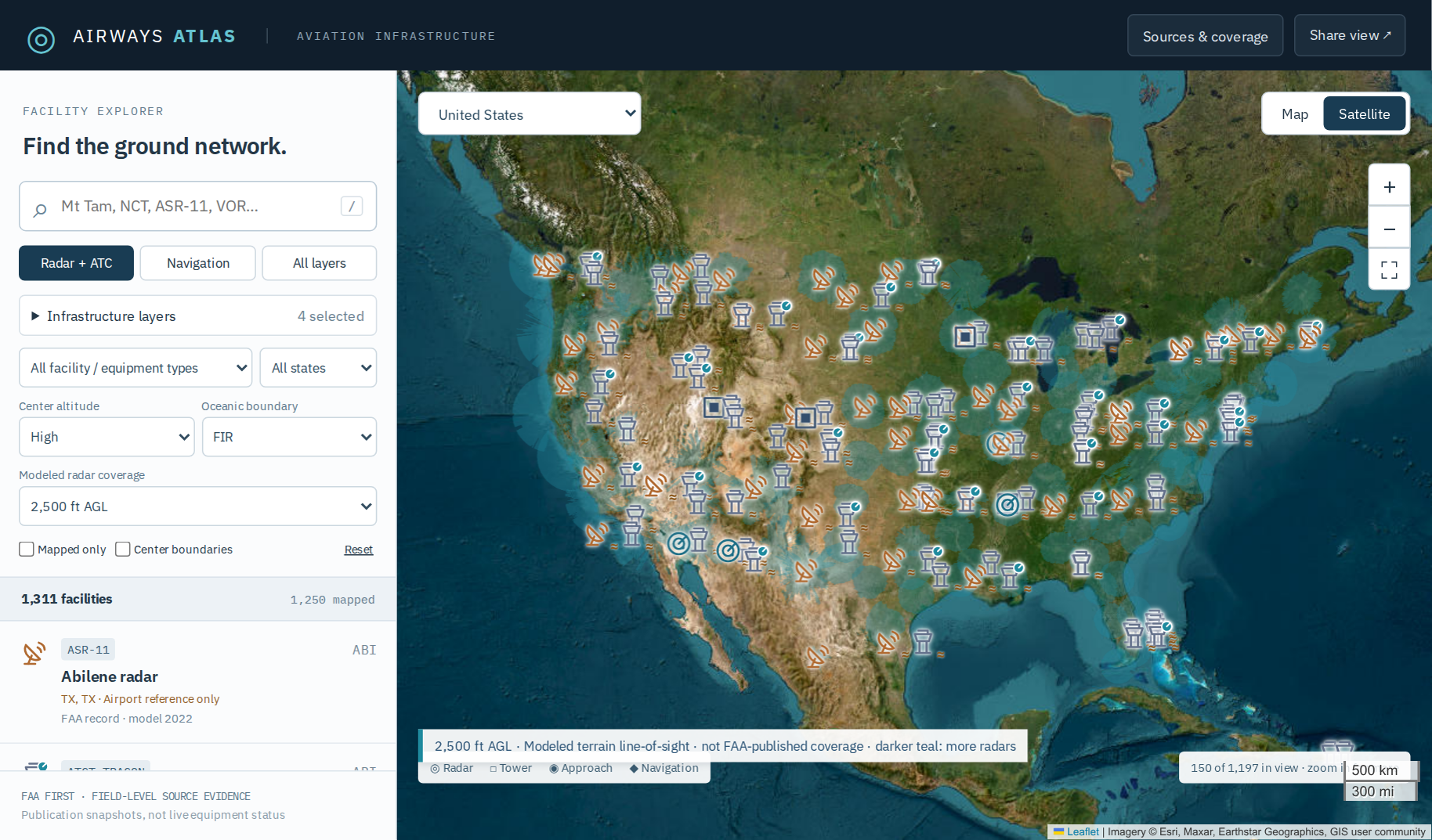 Airways Atlas on satellite imagery, showing US radar, tower and approach facilities with modeled radar coverage at 2,500 feet above ground.