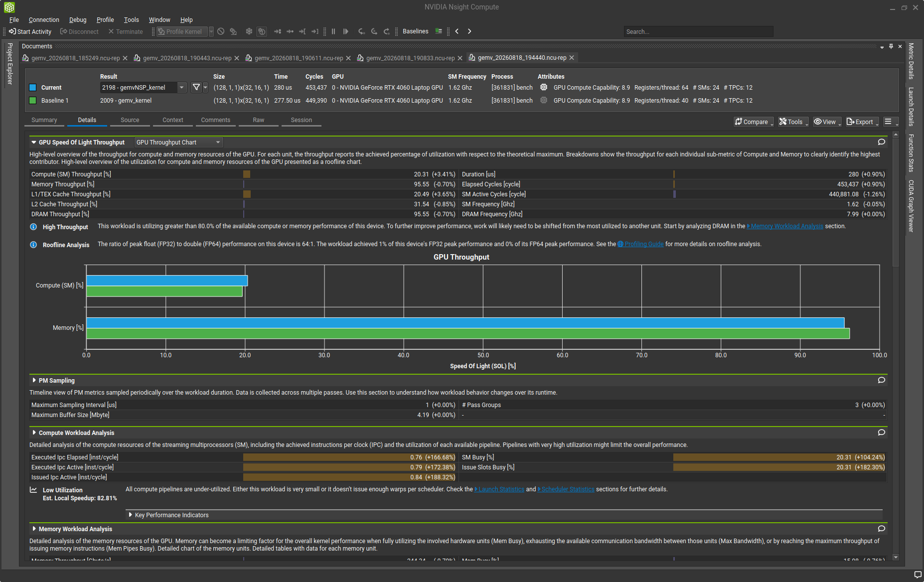 Read the comparison labels carefully: Current is cuBLAS; Baseline 1 is the custom kernel. The measured times are approximately 280.0 and 277.5 microseconds, respectively.
