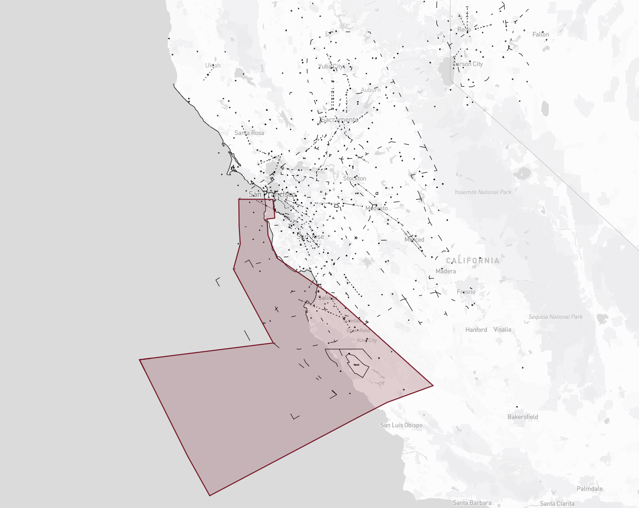 Oakland Center sector 14 highlighted along the California coast in the ZOA Airspace Visualizer
